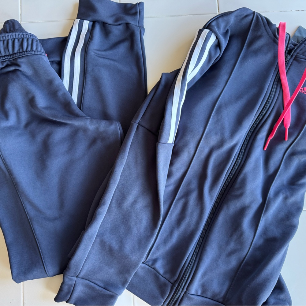 adidas Navy Blue Track Jacket and Pants Set with White Stripes and Pink Accents
